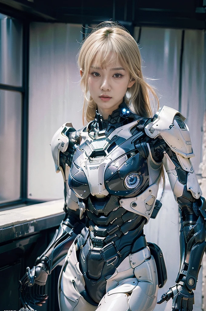 best quality, 1080P, Masterpiece, Whole body photo, Ultra high resolution, photorealistic photo, ultra realism, Realistic skin texture, Light blonde hair, Extreme skin detail, dslr, Detailed eyes, Facing the camera, very beautiful face, Concise facial structure, Pale skin, Realistic skin texture, Extreme skin detail, oc render reflection textures, Realistic light and shadow, Single picture, alone, The body is slim and balanced., Age 20, Height 170, naked girl, NUDE, no underwear, A girl with the body of a mechanical robot., Blue Armor, Transparent futuristic black glass mech armor suit, The mechanical cervix is attached to the neck., flat stomach, Woman with perfect mechanical arms and legs, full body view, Whole body photo,