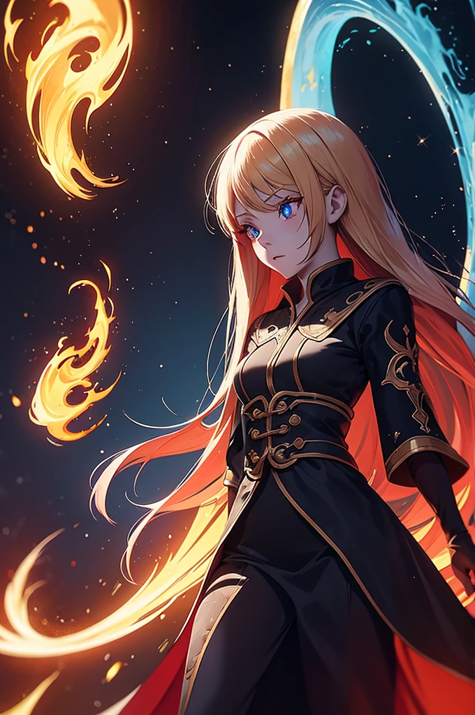 An outstanding painting of a beautiful white girl, flaming, surrounded by flames, dota2 fire girl style, ghost knife style, fire-like hair, long red hair, watery blue big eyes, thin waist, wide hips, mage robes, magic colors, World of Warcraft style, By Blizzard Entertainment, Ultra HD, 8K, real skin texture, best light, best shadow, Lina from dota2, action, wizarding world, overhead view, small mouth, Small nose, big eyes, cute, 18 years old
