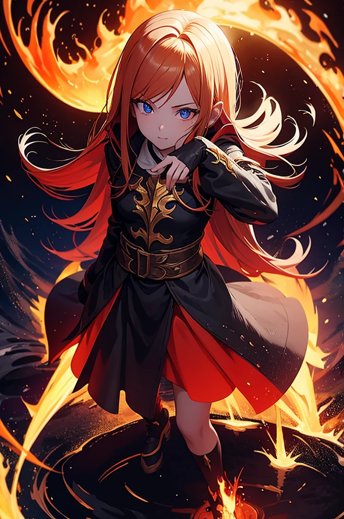 An outstanding painting of a beautiful white girl, flaming, surrounded by flames, dota2 fire girl style, ghost knife style, fire-like hair, long red hair, watery blue big eyes, thin waist, wide hips, mage robes, magic colors, World of Warcraft style, By Blizzard Entertainment, Ultra HD, 8K, real skin texture, best light, best shadow, Lina from dota2, action, wizarding world, overhead view, small mouth, Small nose, big eyes, cute, 18 years old