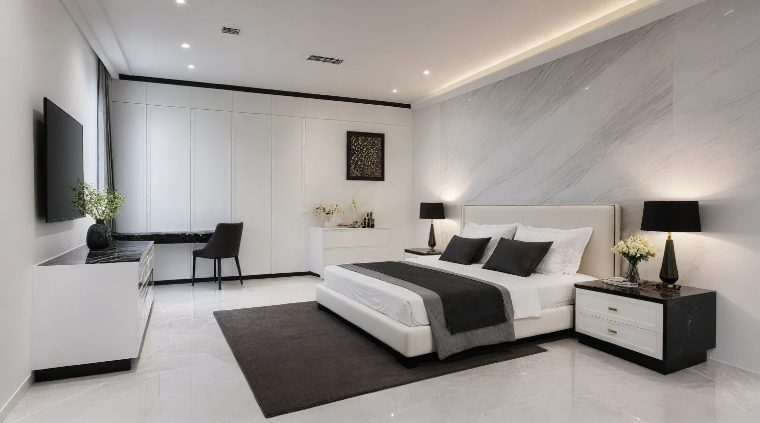 Raw photo,Masterpiece, high quality, best quality, authentic, super detail,
indoors, interior , (( bedroom :1.3)), modern style, daylight, (WHITE WALL),luxury, marble tile floor, fridge, black stone counter top