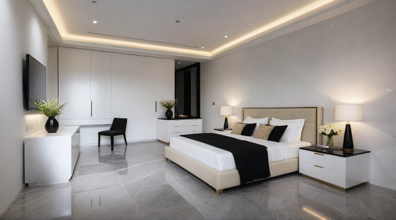 Raw photo,Masterpiece, high quality, best quality, authentic, super detail,
indoors, interior , (( bedroom :1.3)), modern style, daylight, (WHITE WALL),luxury, marble tile floor, fridge, black stone counter top