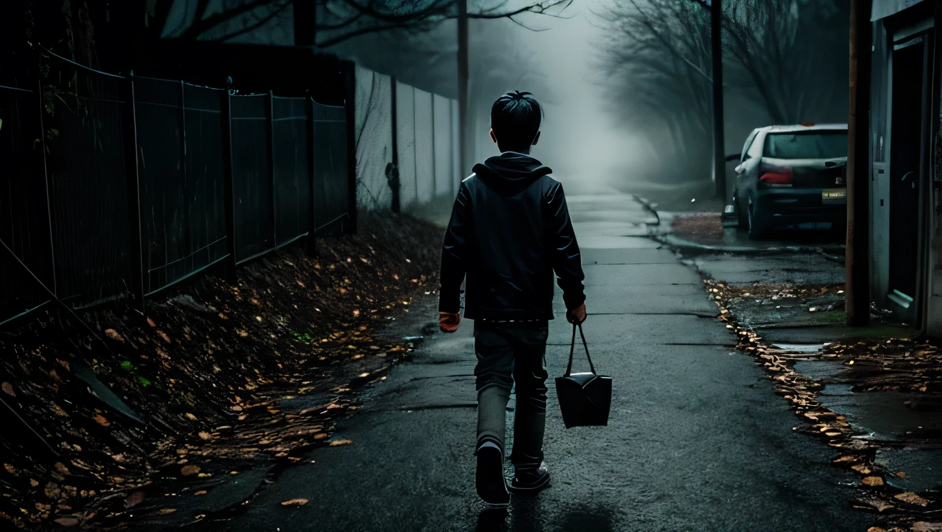 Boy walk night horror dark scene 