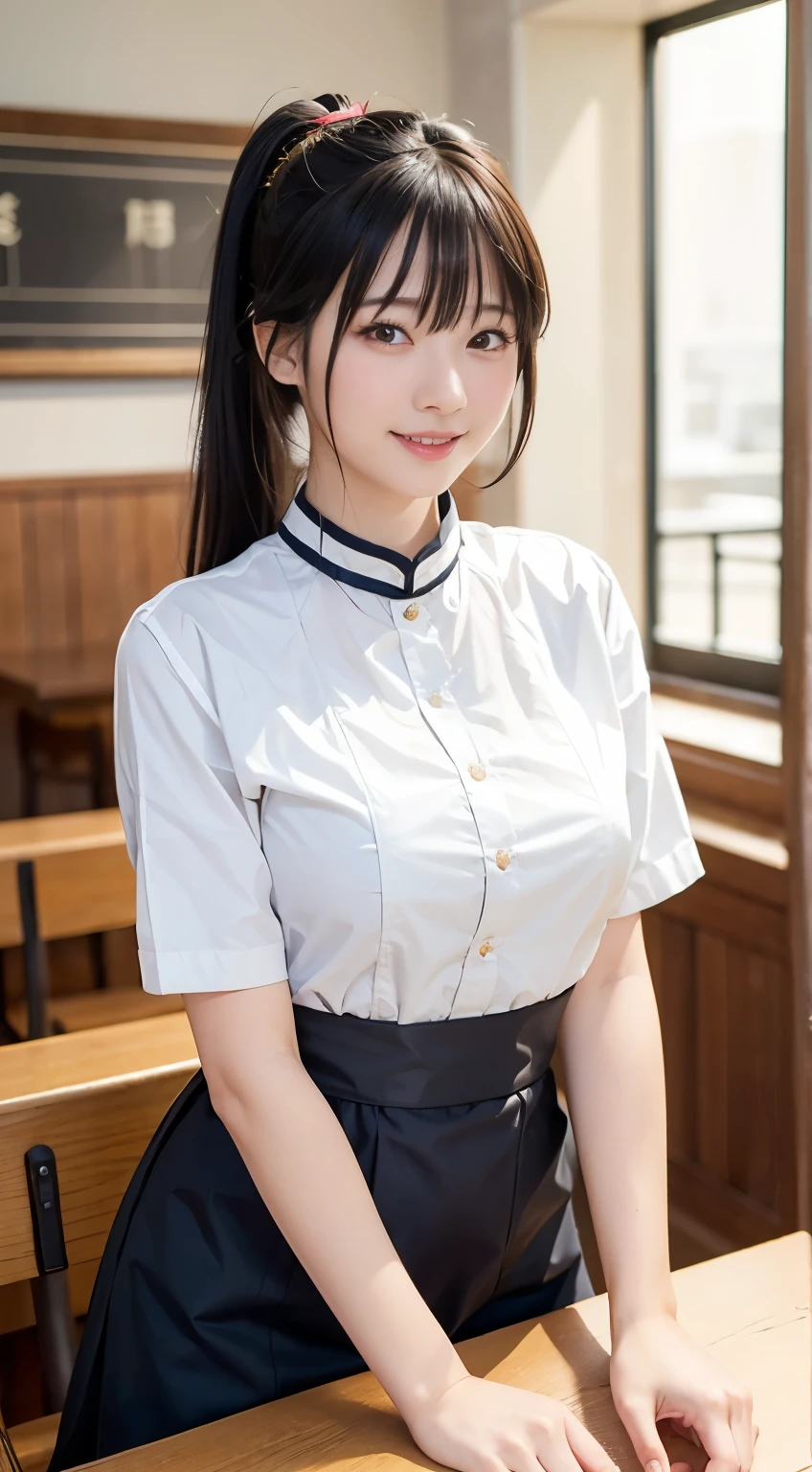 (Highest quality,masterpiece:1.3,Ultra-high resolution,),(Very detailed,Caustics),(Realistic:1.4,RAW shooting,)Ultra-Realistic Capture,Very detailed,High resolution 16k human skin closeup。 Natural skin texture、,pores、、、、It must be detailed enough to be easily identifiable。 Skin tone is even and healthy looking。 Use natural light and colour,restaurant,Waitress Uniform,1 girl,Japanese,18-year-old,cute,Black-haired,ponytail,Big Breasts,smile,Turn your body forward,(Front view:1.1),Looking into the camera,Cowboy Shot,