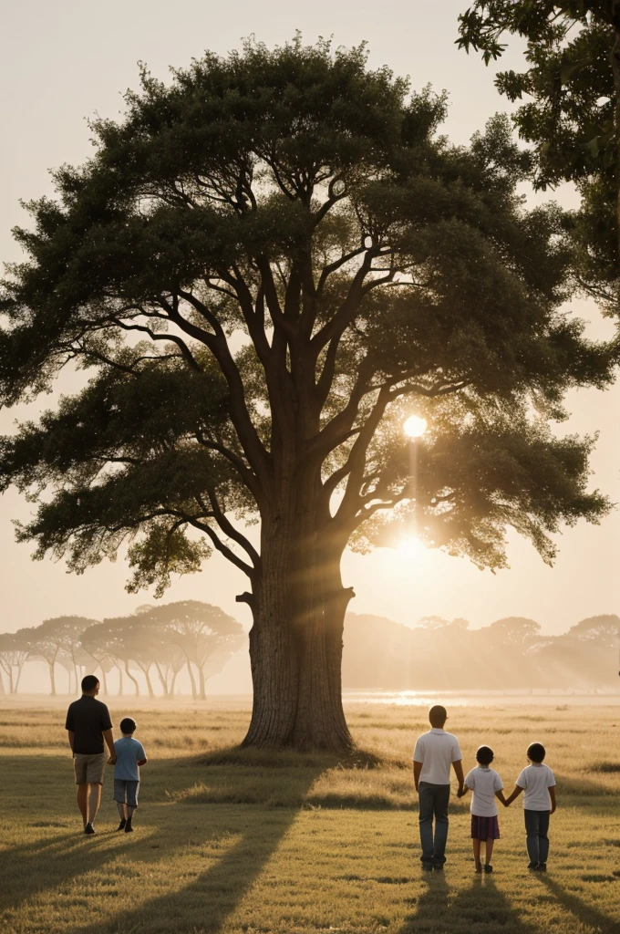 Family and culture, family tree in the haze of the sun's rays, masterpiece, Best quality , standing family mom, dad and three children.
