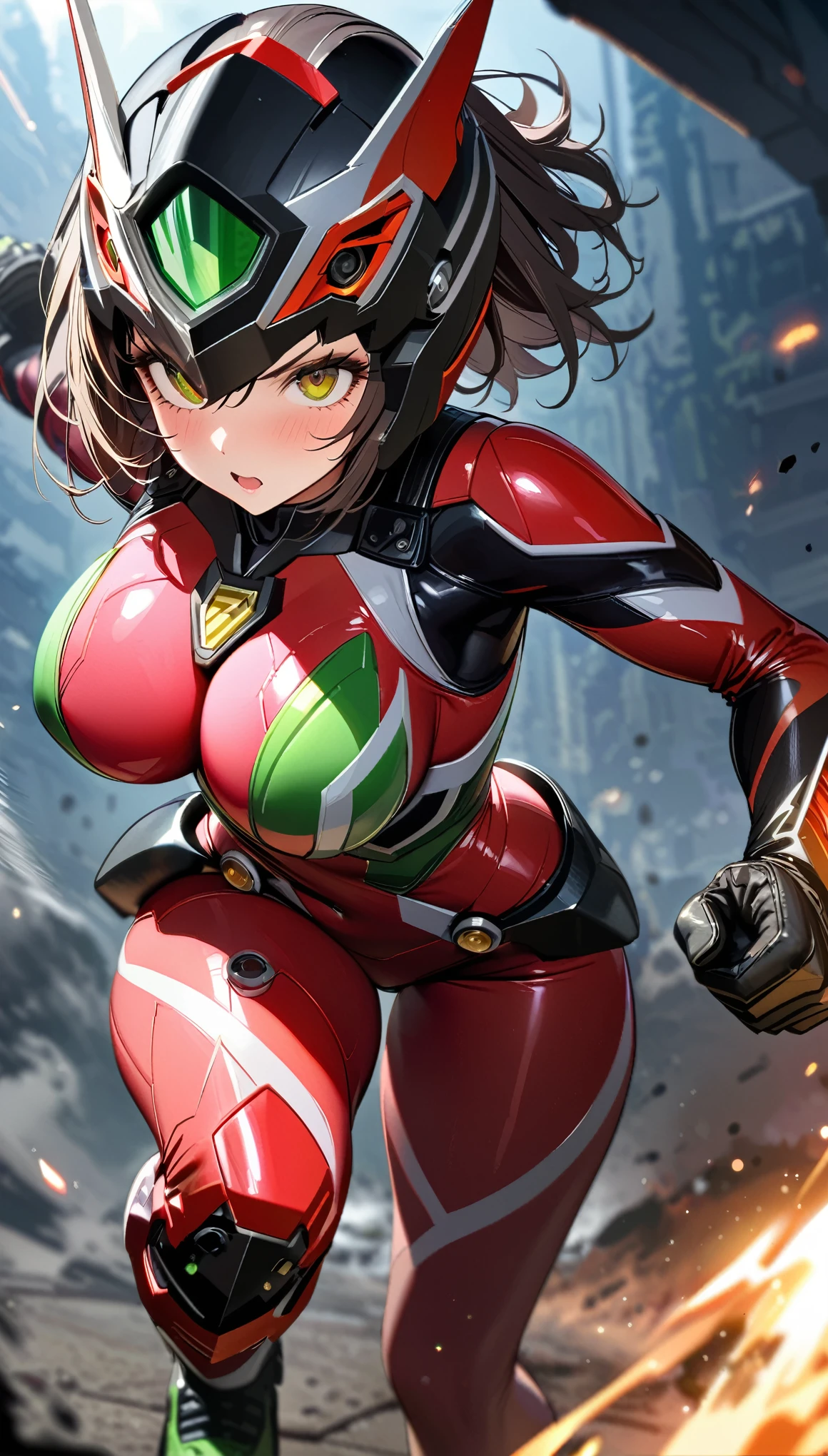 (masterpiece:1.2,Highest quality,Highest quality,High resolution,Very detailed),8k,1 female,Mature female heroine,Female Kamen Rider,(dynamic fighting pose:1.5),(Dynamic hair movement:1.2),(short hair),(Kamen Rider Helmet:1.5),(Shiny Kamen Rider Suit:1.3),(Kamen Rider Gloves),(Glowing Skin,Big eyes,Droopy eyes,Long eyelashes,Beautiful thighs,Beautiful Hair,Beautiful Face,Beautiful Eyes,Beautiful body,Beautiful breasts,Beautiful feet,Beautiful fingers,Muscular,Big Breasts,Thick thighs),((hands)),(((Detailed hands))),((Rider Kick:1.5)),(Serious),(The background is a crystal of light shattered by a kick.),((Beautiful trading cards,Gold Card)),((kamanrider))