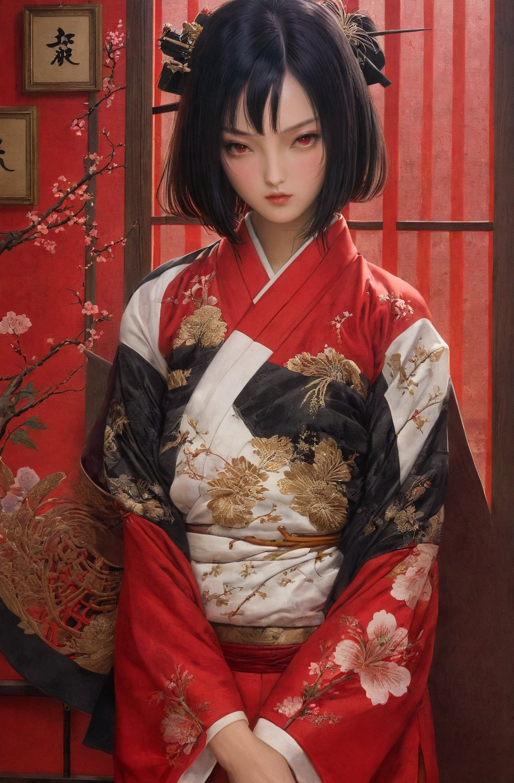 Red tint, Avant-garde, Murder Mystery, The world of Kyusaku Yumeno, picaresque, Taisho Romance, In the Imperial City of Tokyo, A fantastic atmosphere, Fashion model Sayoko Yamaguchi, 1人のBeautiful bob cutの女性が立っている, mysterious beautiful woman, Beautiful bob cut, Very sharp beauty, A woman from a distinguished family in the 1920s, pretty much beautiful face, Sharp eyes with slit length, Very delicate and beautiful eyes, Captivating woman, Very stylish woman, Elegant and noble beauty, Beautiful and stylish red kimono, A woman who looks about 27 years old, Five fingered hand, Gorgeous and luxurious, Chen Yifei, Female painting, Vivid and colorful paintings, Glamorous and luxurious, eiko ishioka, yuuki hagure, Ishida Sui with black hair, takeyuki kanda, inspired by Miwa Komatsu, Kazami Yuuka, Yoshitomo Nara, Yaoi Kasuma, Akiko Takase, Kazue Kato, Paintings from Nakahara Nantenbo, tumbler, What is it?, kimi takemura, For whom??, Yoshitomo Nara, chiho ashima, Aoi Ogata, kiyoko suzuki, Ishida Sui with black hair, Chen Yifeiに影響を与えた作品, Works that influenced Francesco Hayes, Inspired by Hendrik Terbruggen, Jean=Works that influenced Auguste Dominique Ingres, Works that influenced Liu Jun, Jean=Works that influenced Auguste Dominique Ingres, artwork in the style of Switzerland, by ヤン・J, Switzerland, Beautiful Art UHD 4K, Detailed painting 4k, Beautiful digital art, Beautiful artwork illustration, Switzerland masterpiece, By Chen Yanjun, Lee Song, Highest quality, The perfect angle, Perfect composition, Best Shot, Official Art, Cinematic Light, Figurative art, Beautiful and expressive paintings, Beautiful artwork illustration, wonderful, Cool Beauty, clear, Muromachi Fantasy, mysterious, Highest quality, Official Art, Extremely delicate and detailed painting style, Beautiful and subtle effects, Elegant and beautiful painting art, The pinnacle of painting beauty, Perfect light, Perfect composition, The perfect angle, Perfect subject, Best Shot, Female Solo, Sharp contours, Close-up of face