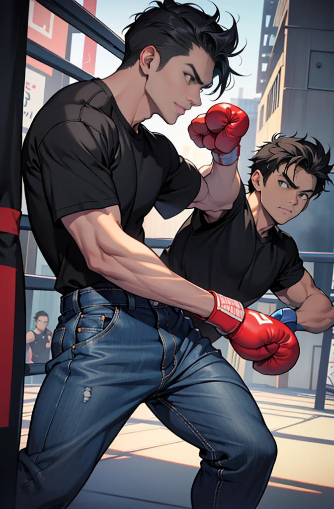 ((Highest quality))、((8K))、((high resolution))、((Masterpiece))、((Superb details))、((anime style))、handsome man、handsome boy in anime、((Looking at the camera from the side))、((stand))、(stalwart)、Medium structure、medium height、((Boxing fighting moves:1.4))、uneven black hair、Black eyes reminiscent of darkness.、His eyes were full of intent to kill the enemy.、(sharp, Strong and clear eyes)、natural eyebrows、very short hair、I waved my hair carelessly.、A fearless smile、ฟันเขี้ยวแหลมsharpราวกับสัตว์ร้าย、Plain black sports t-shirt、Dark blue jeans、The wind is blowing、street fighting