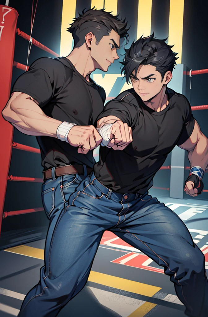 ((Highest quality))、((８K))、((high resolution))、((Masterpiece))、((Superb details))、((anime style))、handsome man、handsome boy in anime、((Looking at the camera from the side))、((stand))、(stalwart)、Medium structure、medium height、((Boxing fighting moves:1.4))、uneven black hair、Black eyes reminiscent of darkness.、His eyes were full of intent to kill the enemy.、（sharp, Strong and clear eyes）、natural eyebrows、very short hair、I waved my hair carelessly.、A fearless smile、ฟันเขี้ยวแหลมsharpราวกับสัตว์ร้าย、Plain black sports t-shirt、Dark blue jeans、The wind is blowing、street fighting