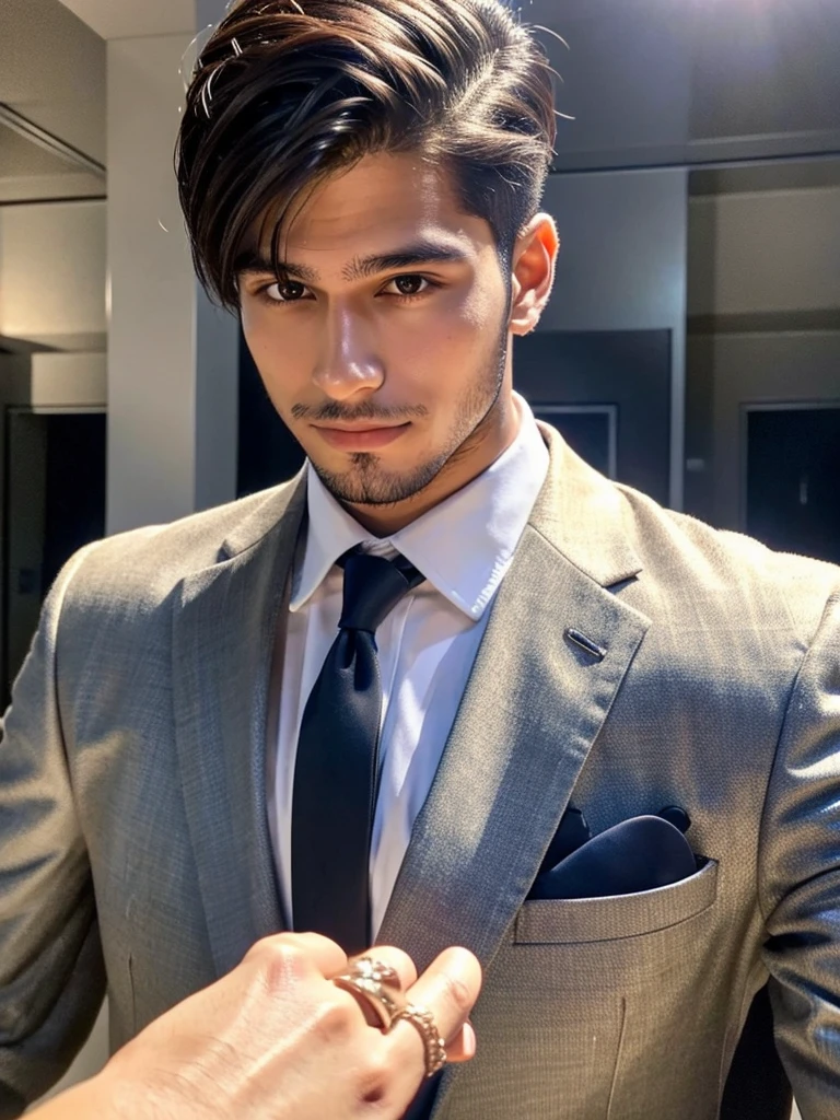 22-year-old Brazilian man in a suit with his hand in his pocket, short hair without beard with a ring on the finger of his left hand, no quarto selfie 🤳🏽 realista, and great quality  