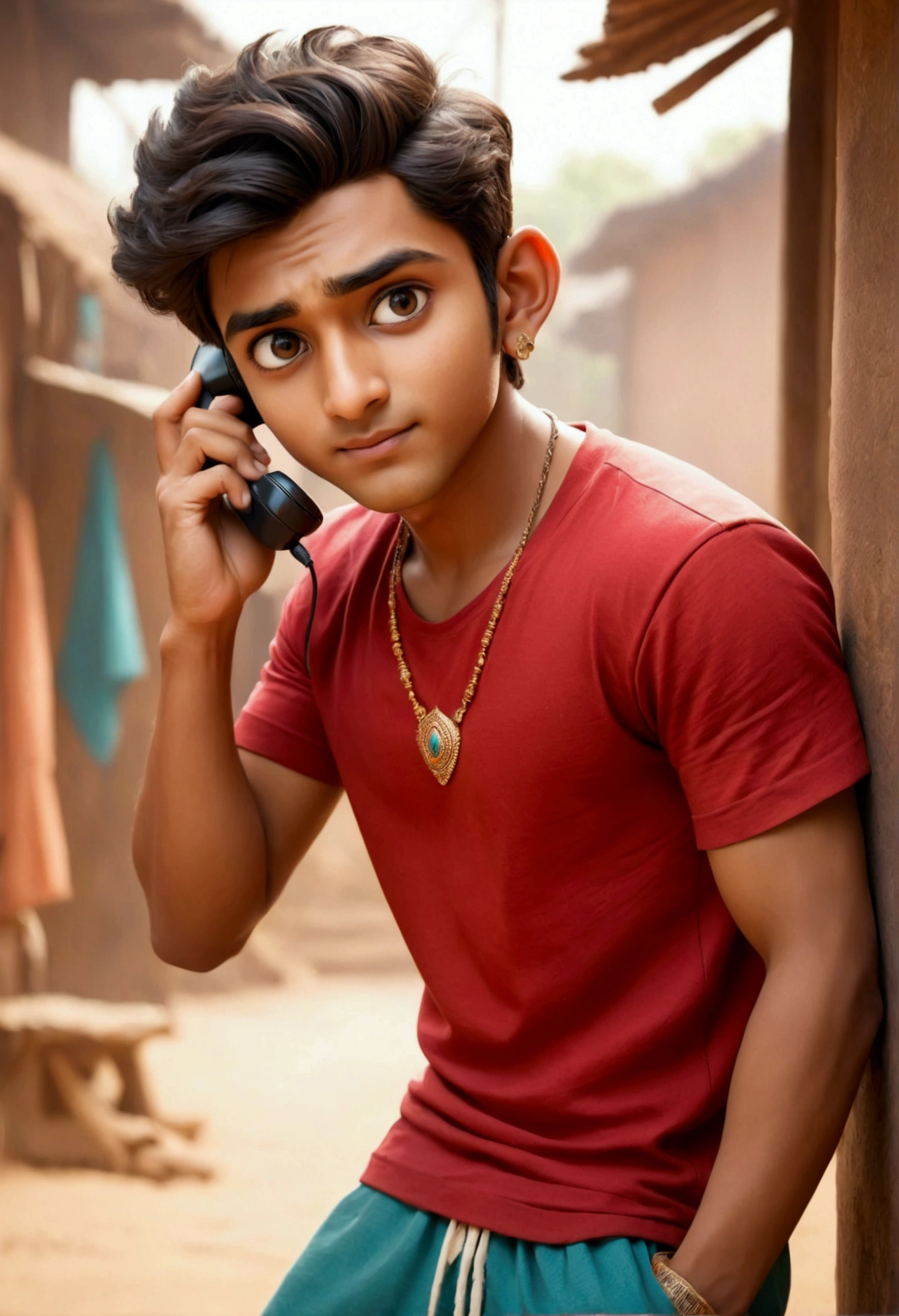 A 20 years old Indian boy wearing red t shirt , he is handsome , fair skintoned
He is talking to someone on phone
Please provide cartoon style image and full body wide image