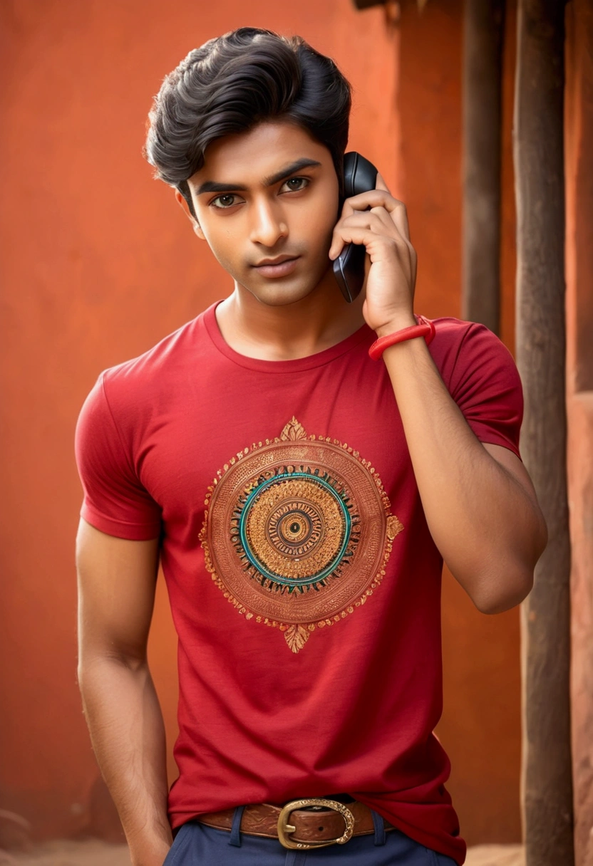 A 20 years old Indian boy wearing red t shirt , he is handsome , fair skintoned
He is talking to someone on phone
Please provide cartoon style image and full body wide image