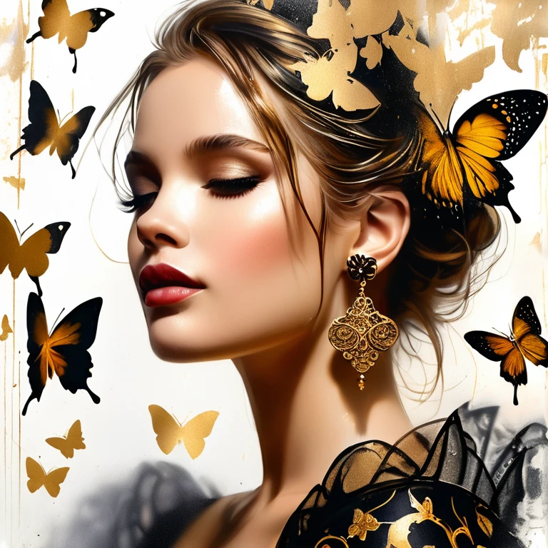 photograph Charcoal and chalk drawings. gold patterns, golden and black spirit, sketch, (Hyperrealism), silhouette of a woman surrounded by butterflies, trending on pixabay, beautiful dress, cute artwork, cinderella, beautiful shapes, polished, outdoors, great photo on Pinterest, Miranda Mix, stencil, scales, white background, Britney Lee, symbols, 50mm . cinematic 4k epic detailed 4k epic detailed photograph shot on kodak detailed cinematic hbo dark moody, 35mm photo, grainy, vignette, vintage, Kodachrome, Lomography, stained, highly detailed, found footage, (masterpiece), (best quality), (ultra-detailed), Charcoal and chalk drawings. gold patterns, golden and black spirit, sketch, (Hyperrealism), silhouette of a woman surrounded by butterflies, trending on pixabay, beautiful dress, cute artwork, cinderella, beautiful shapes, polished, outdoors, great photo on Pinterest, Miranda Mix, stencil, scales, white background, Britney Lee, symbols, illustration, disheveled hair, detailed eyes, perfect composition, moist skin, intricate details, earrings, by wlop, master class on painting in the style of Anders Zorn, Alexi Briclot, Luis Royo