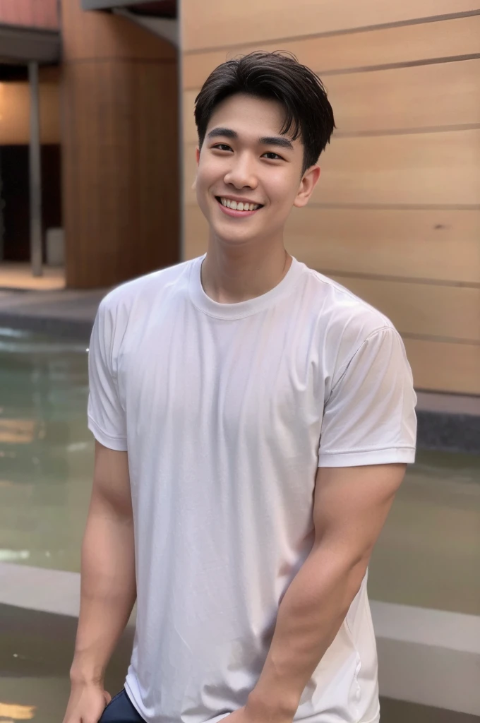 young man 20 years old , (ทรงผมแบบ Crew Cut: 1.3 ), black hair, short hair details, burly handsome man , white t-shirt ,White swimming trunks with large bulges, strong, handsome, outdoor, Take a steam shower., hot spring, Onsen, sweat, look at the audience., depth of field, Bokeh, Detailed background, Detailed light, diffuse natural sunlight, Skin glows naturally., symmetrical eyes, Big smile