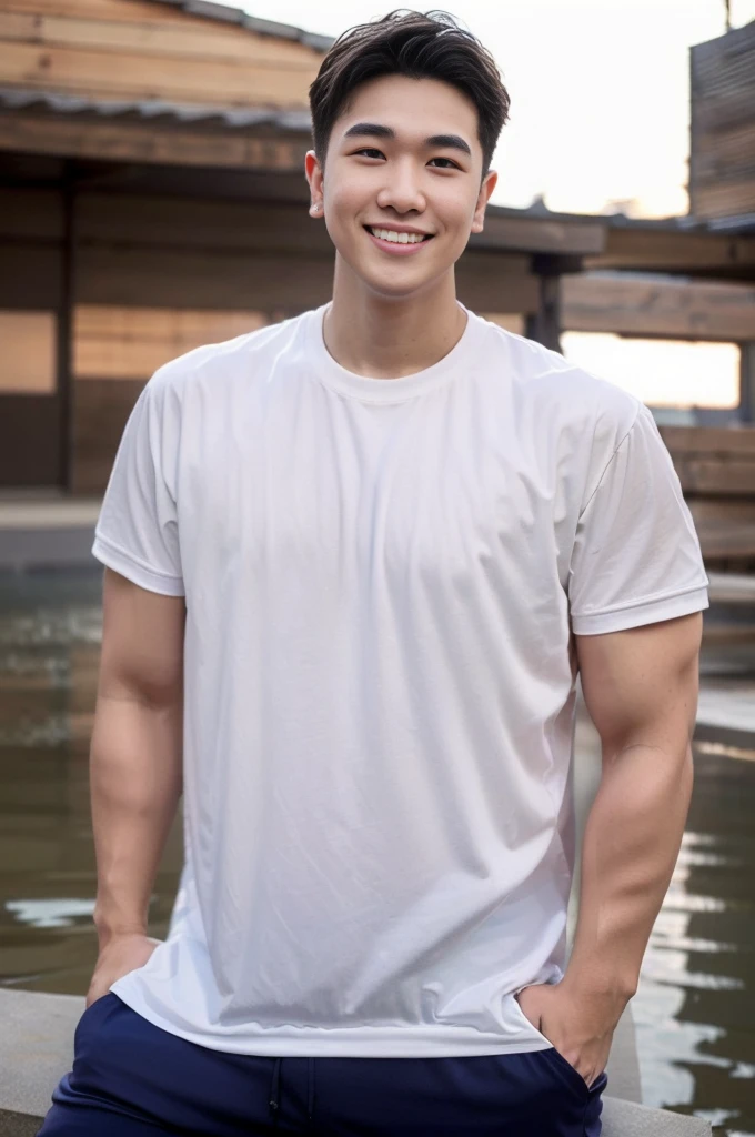 young man 20 years old , (ทรงผมแบบ Crew Cut: 1.3 ), black hair, short hair details, burly handsome man , white t-shirt ,White swimming trunks with large bulges, strong, handsome, outdoor, Take a steam shower., hot spring, Onsen, sweat, look at the audience., depth of field, Bokeh, Detailed background, Detailed light, diffuse natural sunlight, Skin glows naturally., symmetrical eyes, Big smile