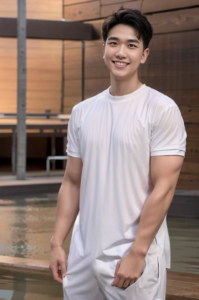 young man 20 years old , (ทรงผมแบบ Crew Cut: 1.3 ), black hair, short hair details, burly handsome man , white t-shirt ,White swimming trunks with large bulges, strong, handsome, outdoor, Take a steam shower., hot spring, Onsen, sweat, look at the audience., depth of field, Bokeh, Detailed background, Detailed light, diffuse natural sunlight, Skin glows naturally., symmetrical eyes, Big smile