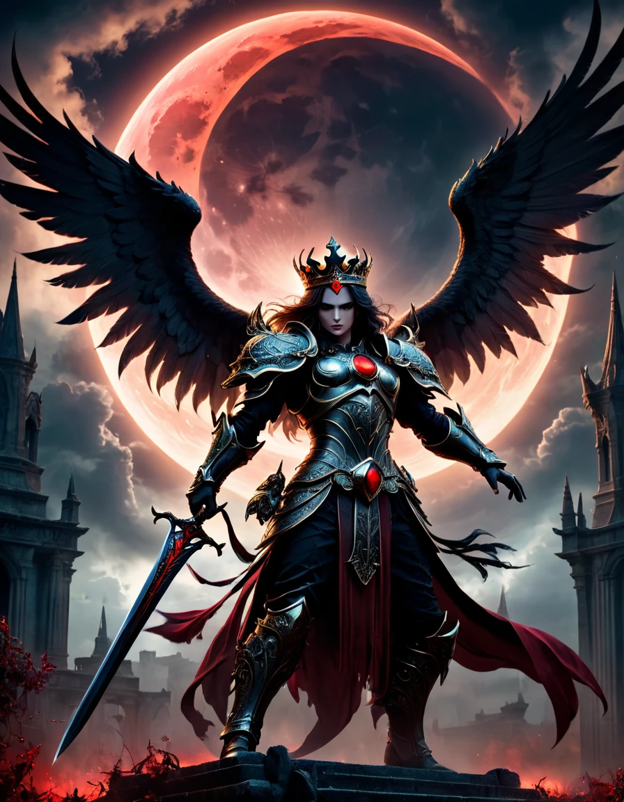 (best quality,highres,ultra-detailed:1.2),(realistic:1.37),(HDR,stunning lighting,shadowplay),(mysterious atmosphere,ominous vibes),(magical,ethereal,enchanted),(gothic architecture),(intense eyes),(dramatic pose),(dynamic action),(elegant wings),(glimmering halo),(ominous clouds),(epic battle scene),(moonlit night),(spellbinding,majestic),(powerful stance),(sinister presence),(hauntingly beautiful),(sinuous tendrils),(mystical symbols),(divine energy),(dark feathers),(intertwined destiny),(otherworldly realm),(ancient ruins),(blood red moon),(whispering wind),(battle scars),(ornate sword),(ominous crown),(golden sigils),(ethereal mist),(foreboding sense of danger),(chilling touch of darkness),(conflicting emotions),(solemn expression),(heaven and hell),(struggle between light and dark),(inner demons),(triumph over adversity),(the ultimate sacrifice),(eternal balance),(destined for greatness),(legacy of darkness).