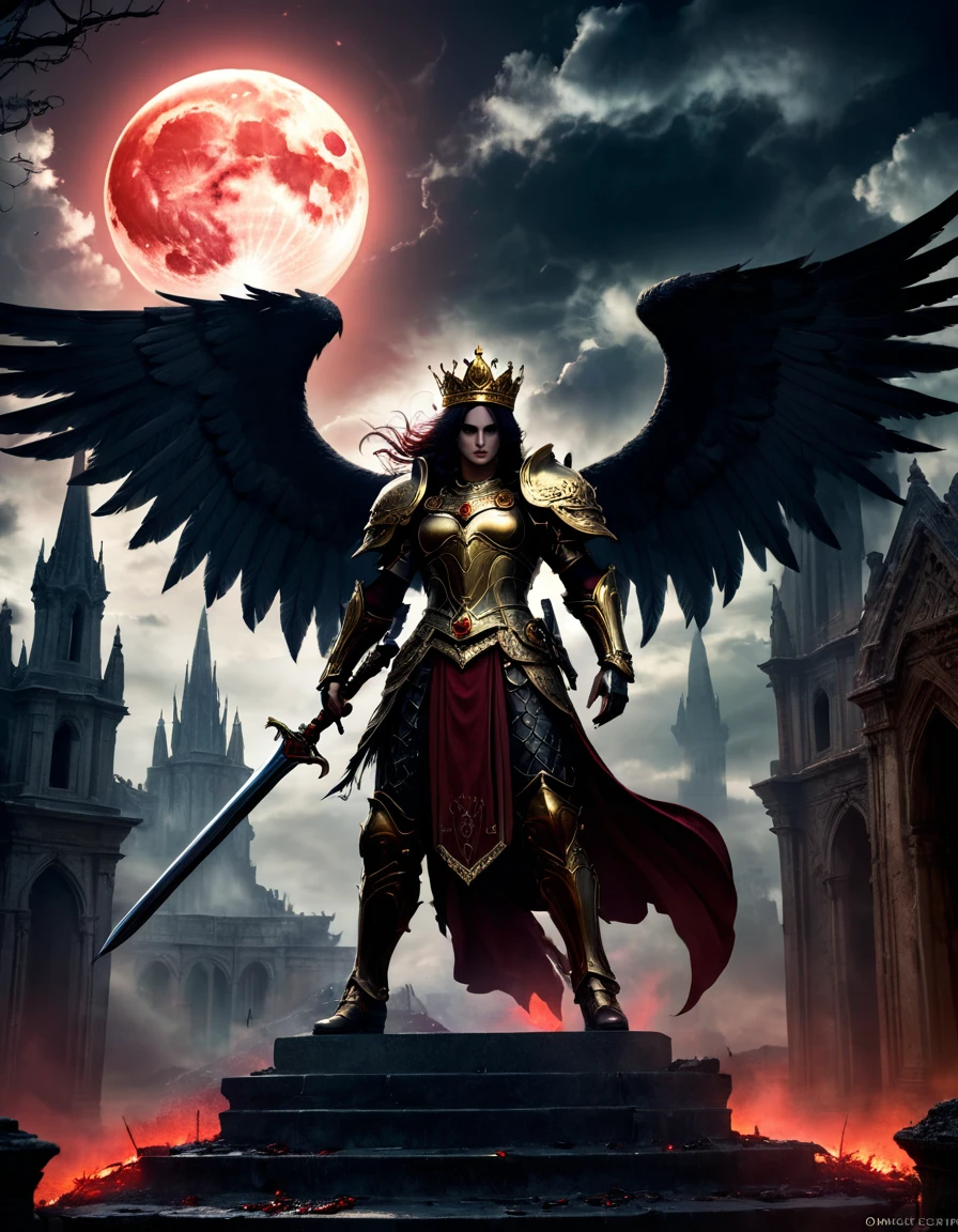 (best quality,highres,ultra-detailed:1.2),(realistic:1.37),(HDR,stunning lighting,shadowplay),(mysterious atmosphere,ominous vibes),(magical,ethereal,enchanted),(gothic architecture),(intense eyes),(dramatic pose),(dynamic action),(elegant wings),(glimmering halo),(ominous clouds),(epic battle scene),(moonlit night),(spellbinding,majestic),(powerful stance),(sinister presence),(hauntingly beautiful),(sinuous tendrils),(mystical symbols),(divine energy),(dark feathers),(intertwined destiny),(otherworldly realm),(ancient ruins),(blood red moon),(whispering wind),(battle scars),(ornate sword),(ominous crown),(golden sigils),(ethereal mist),(foreboding sense of danger),(chilling touch of darkness),(conflicting emotions),(solemn expression),(heaven and hell),(struggle between light and dark),(inner demons),(triumph over adversity),(the ultimate sacrifice),(eternal balance),(destined for greatness),(legacy of darkness).