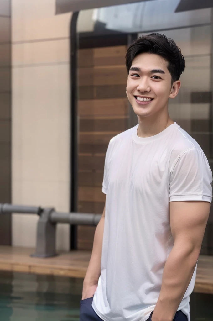 young man 20 years old , (ทรงผมแบบ Crew Cut: 1.3 ), black hair, short hair details, burly handsome man , white t-shirt ,White swimming trunks with large bulges, strong, handsome, outdoor, Take a steam shower., hot spring, Onsen, sweat, look at the audience., depth of field, Bokeh, Detailed background, Detailed light, diffuse natural sunlight, Skin glows naturally., symmetrical eyes, Big smile