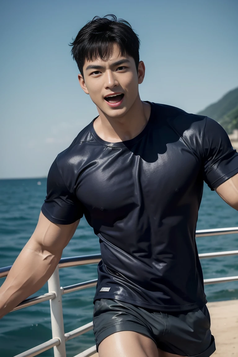 (Create a masterpiece: 1.2),(CGI art:1.3),(realistic:1.5),(After processing:1.3), (Sharp focus:1.3), 1 man, open mouth, smile, (Navy blue round neck shirt), shorts, Korean people , korean men, (high glossy details), chest muscles, large arm muscles, blood vessel, big muscles, Broad shoulders, looking at the audience, Balancing the eyes, By the sea, beach, sunlight, run towards the camera