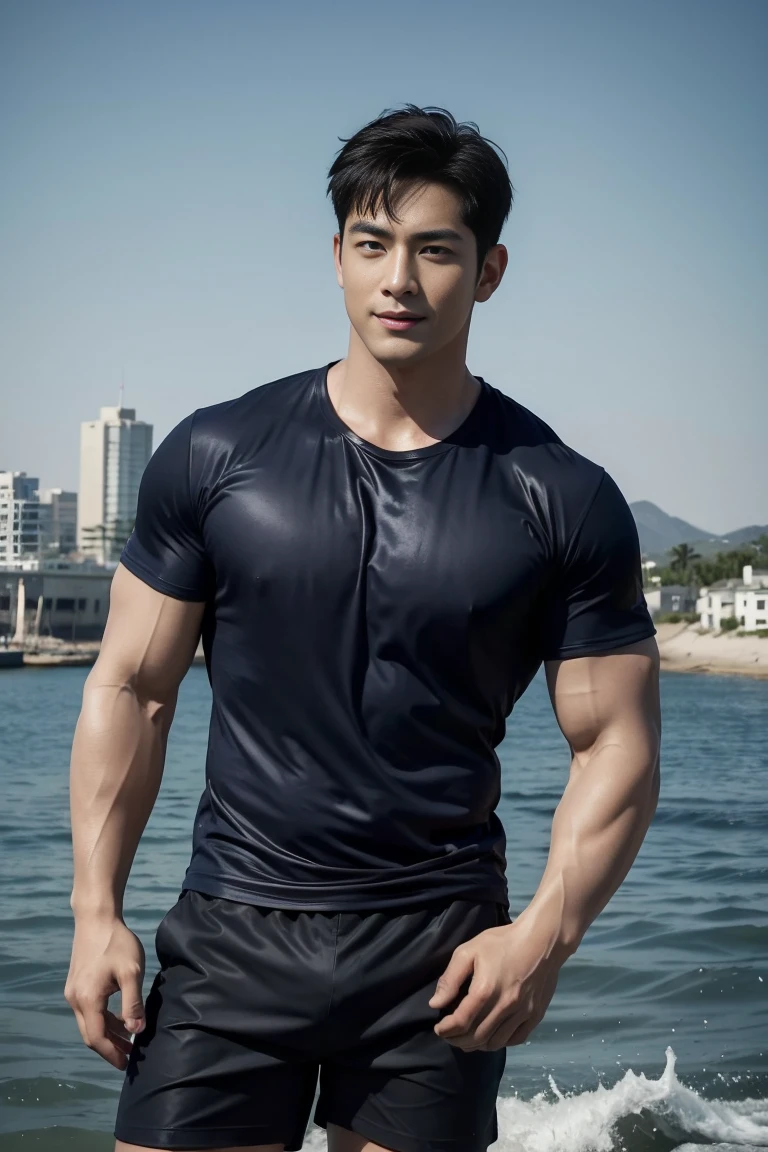 (Create a masterpiece: 1.2),(CGI art:1.3),(realistic:1.5),(After processing:1.3), (Sharp focus:1.3), 1 man, open mouth, smile, (Navy blue round neck shirt), shorts, Korean people , korean men, (high glossy details), chest muscles, large arm muscles, blood vessel, big muscles, Broad shoulders, looking at the audience, Balancing the eyes, By the sea, beach, sunlight, run towards the camera