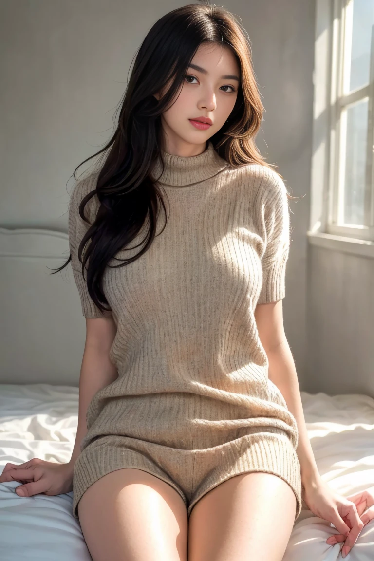 beautiful detailed young woman, 18 years old, black short sleeve sweater, visible legs, (best quality,4k,8k,highres,masterpiece:1.2),ultra-detailed,(realistic,photorealistic,photo-realistic:1.37),elegant,graceful,natural light,soft lighting,warm colors,detailed facial features,long eyelashes,full lips,glowing skin,portrait,fashion photography