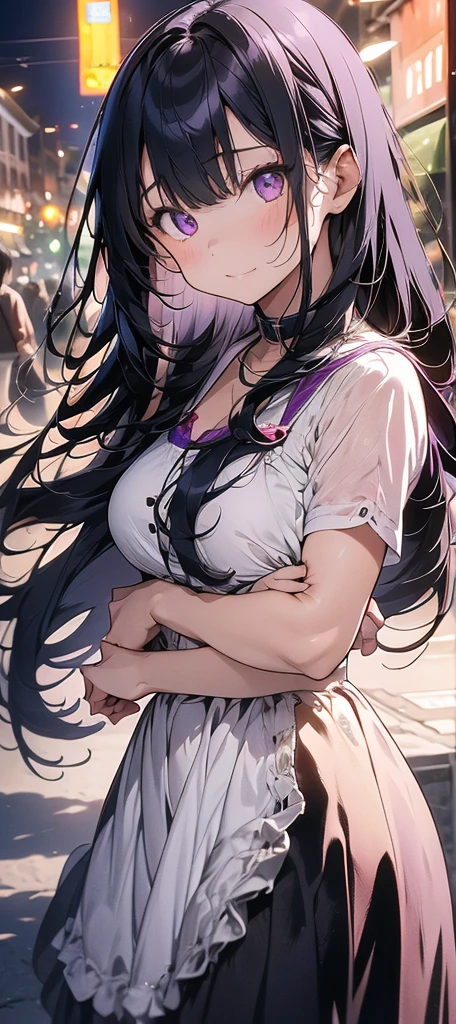 A beautiful woman with long purple hair, sexy dress, detailed facial features, high quality, photorealistic, cinematic lighting, dramatic colors, ใส่เสื่อน้อยชิ้น,ดีไซน์ฉากหลังเป็นแบบเรียบๆ,หน้าอกใหญ่,