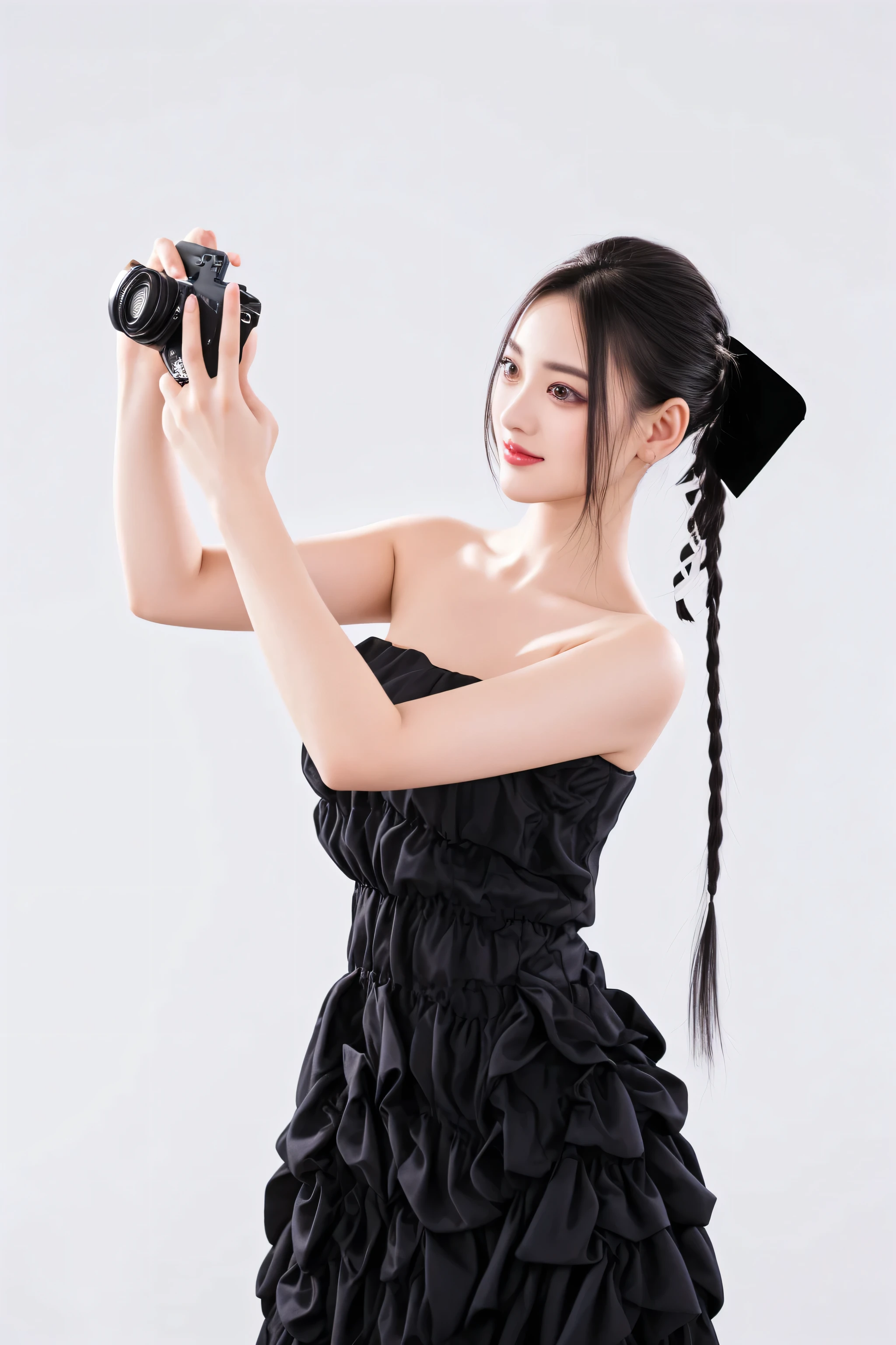 araffe woman in a black dress taking a picture with a camera, posing elegantly over the camera, shooting pose, professional photoshooting, with black pigtails, various poses shooting photos, high quality portrait photoshoot, dilraba dilmurat, she is wearing a black dress, asian girl with long hair, female photography, studio photography dslr, modeling photography