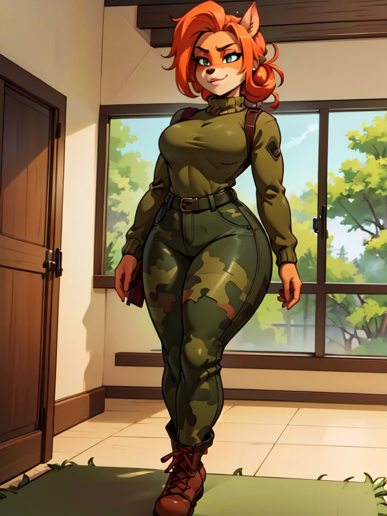 (best quality,4k,8k,highres,masterpiece:1.2),ultra-detailed,realistic:1.37,portrait,anthro bandicoot girl redhead, braided hair, beautiful green eyes,  sexy ,seductive, warm sweater, camouflage pants, army boots, cozy lighting, vibrant colors , girl anthro , sweater, camouflage pants, army boots, hentai 