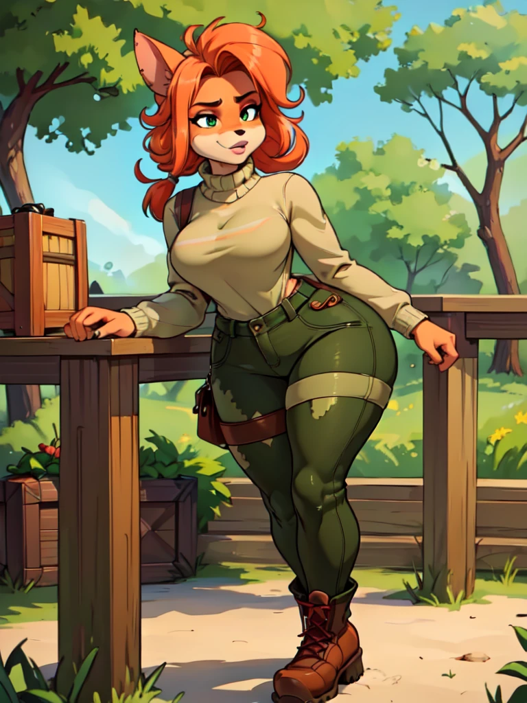 (best quality,4k,8k,highres,masterpiece:1.2),ultra-detailed,realistic:1.37,portrait,anthro bandicoot girl redhead, braided hair, beautiful green eyes, sexy ,seductive, warm sweater, camouflage pants, army boots, cozy lighting, vibrant colors , girl anthro , sweater, camouflage pants, army boots, hentai