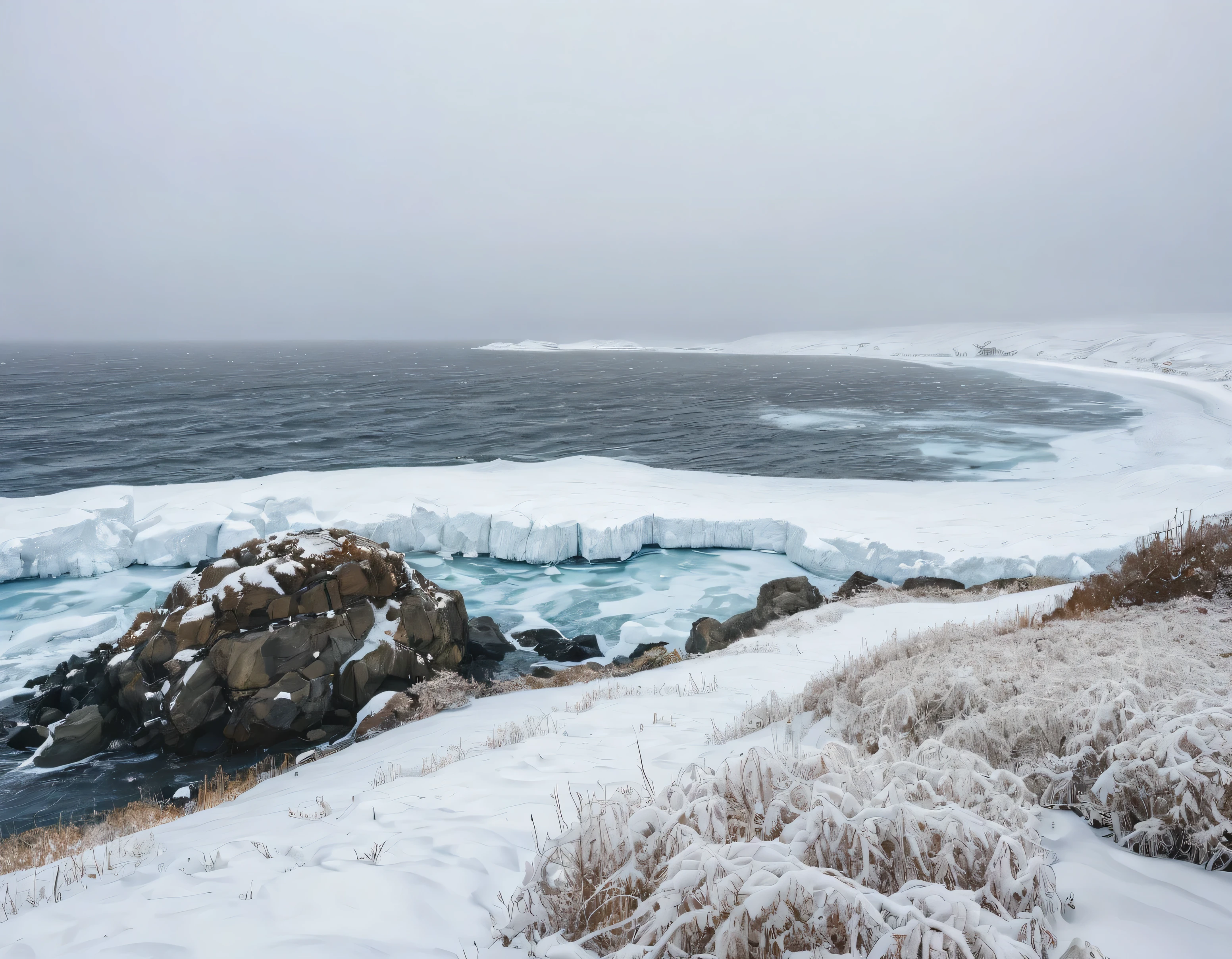 Views of snow in winter, snowfall, and the ocean becoming frozen