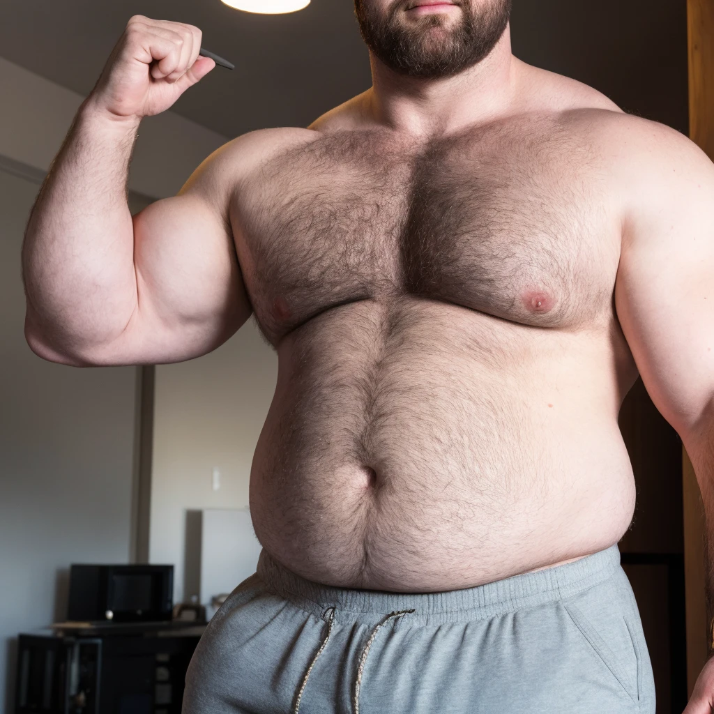 8K HDR Very Extremely Realistic Very Detailed High Quality 8K HDR Very Realistic 46 year old daddy rugged beefy big thick burly chubby bodybuilder muscle bears man, 8KHDR very realistic beared big daddy muscle bear,  and 8KHDR very realistic detailed rugged burly man in shorts, 8KHDR very realistic hair, 8KHDR very realistic beards, 8KHDR very realistic thick chubby fat neck, 8KHDR very realistic neck lines, 8KHDR very realistic detailed neck, 8KHDR very realistic burly chest, 8KHDR very realistic detailed hairy burly chest and arms, 8KHDR very realistic detailed hairy burly chest and arms, 8KHDR very realistic burly muscle bear body, 8KHDR very realistic nipples, 8KHDR very realistic burly muscle bear body, 8KHDR very realistic face, 8KHDR very realistic detailed face, 8KHDR very realistic eyes, 8KHDR very realistic detailed eyes, 8KHDR very realistic pupils, 8KHDR very realistic detailed pupils, 8KHDR very realistic head, 8KHDR very realistic waist, 8KHDR very realistic facial features, 8KHDR very realistic burly arms, 8KHDR very realistic elbows, 8KHDR very realistic hands, 8KHDR very realistic pecs, 8KHDR very realistic belly, 8KHDR very realistic human man body, 8K HDR very realistic bellybutton, 8KHDR very realistic wrists, 8KHDR very realistic fingers, 8KHDR very realistic fingernails, 8KHDR very realistic shoulders, 8KHDR very realistic mouth, 8KHDR very realistic lips, 8KHDR very realistic mens clothing, 8KHDR very realistic detailed mens clothing. 8KHDR Very Realistic Hairy Bearded Burly Muscle bear Photoshoot,  8KHDR Very Realistic Ultra-detailed, 8KHDR very realistic detailed bedroom surroundings, 8KHDR very realistic surroundings lighting, No Deformities, An ultra-realistic photograph captured with a Sony α7 III camera, equipped with an 85mm lens in F 1.2 aperture, The cutting-edge Midjourney v5, ( best quality, highres, realistic:1.37), Super real detailed skin, Ultra-detailed, Photorealistic 1.4, hyper photorealism, 8K HDR Clear HDR Quality, 
