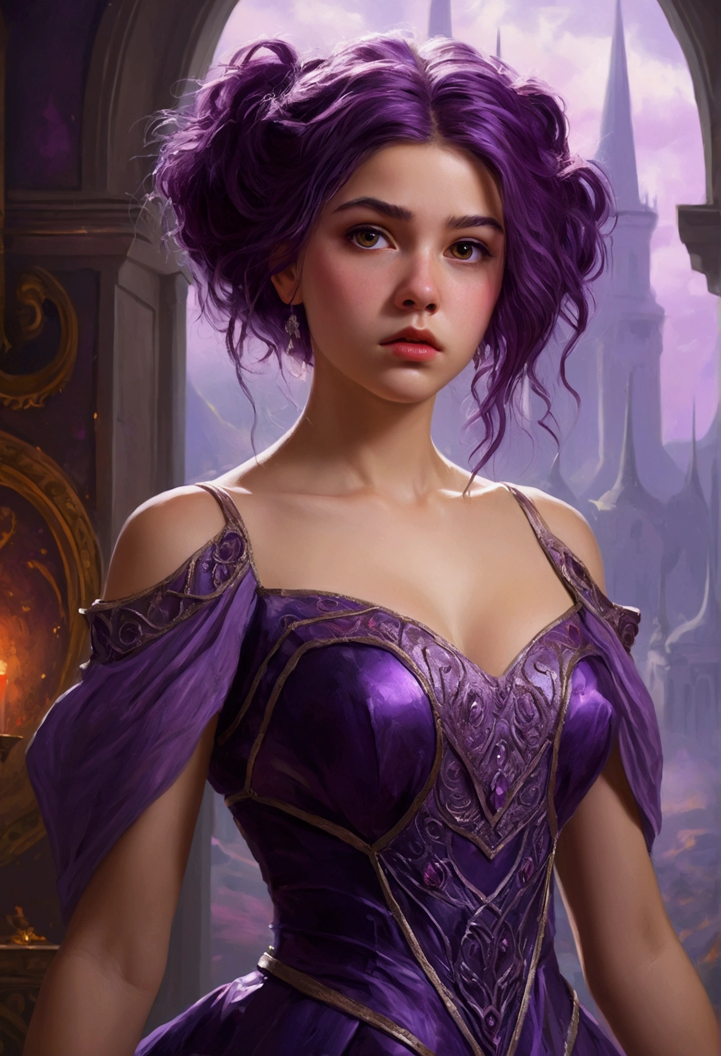 Zerg Queen Beautiful Girl: Lanlinger, 18 years old, with messy dark purple hair, depicted in an oil painting style. She has a beautiful perfect face, soft skin, with light violet and red hues added. Lanlinger is wearing a purple dress and has a worried look on her cute face. She is in a mysterious magical background, depicted in complex details and 8k resolution, creating a masterpiece. Lanlinger is standing, seen from an oblique (low-angle) view, as if the viewer is looking up at her. Her arms are extended towards the viewer, as if trying to catch them, with a concerned expression on her face.