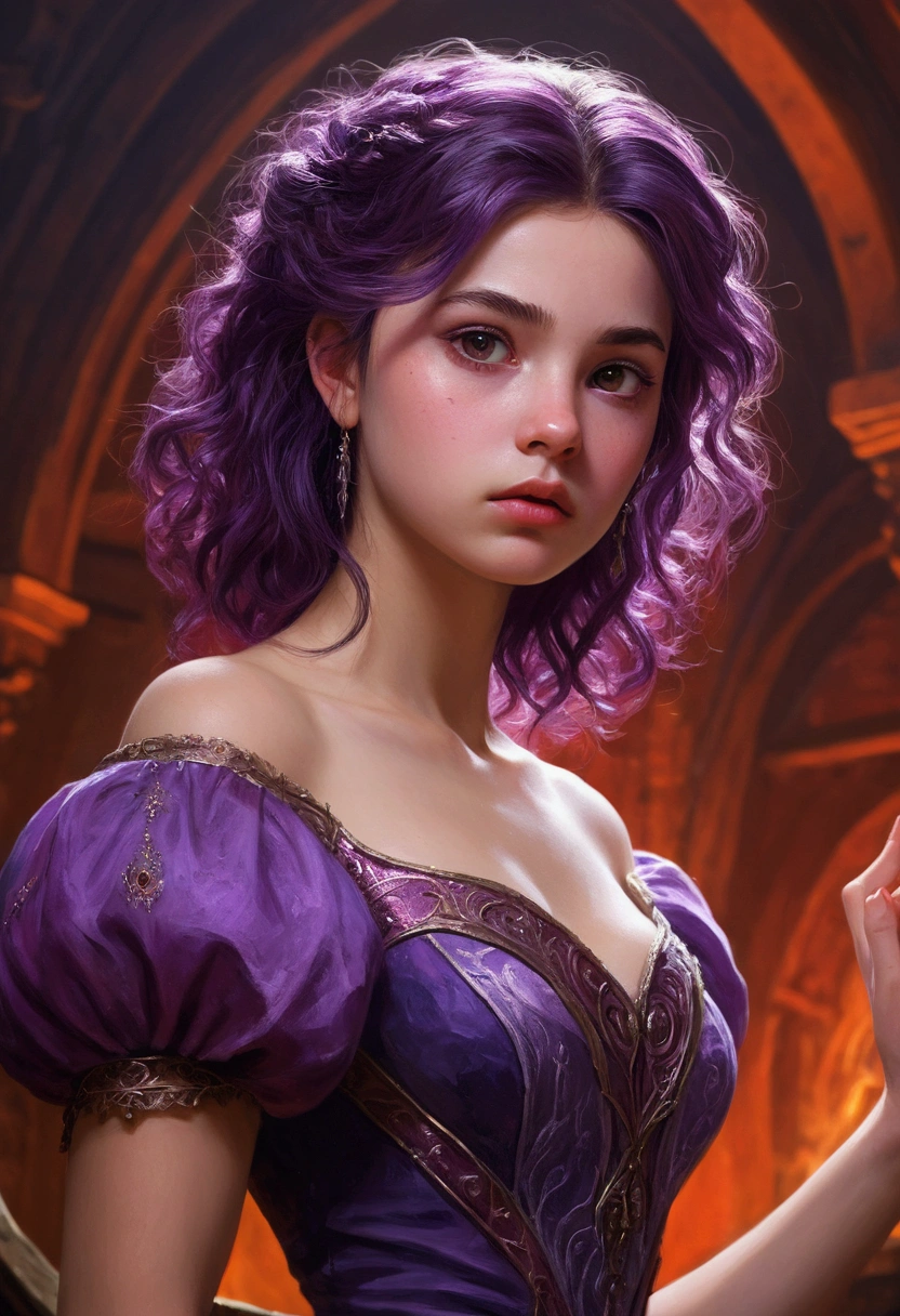 Zerg Queen Beautiful Girl: Lanlinger, 18 years old, with messy dark purple hair, depicted in an oil painting style. She has a beautiful perfect face, soft skin, with light violet and red hues added. Lanlinger is wearing a purple dress and has a worried look on her cute face. She is in a mysterious magical background, depicted in complex details and 8k resolution, creating a masterpiece. Lanlinger is standing, seen from an oblique (low-angle) view, as if the viewer is looking up at her. Her arms are extended towards the viewer, as if trying to catch them, with a concerned expression on her face.