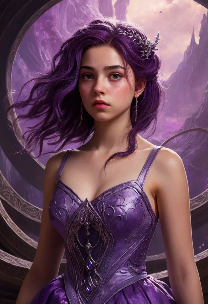 close-up head, facing camera, realistic digital painting portrait of a gothic female blood elf, (curly hair:1.1), (purple hair:1.3), magical dark and red universe, magic cloth armor with red and yellow engrave in intricate details, (abstract background:1.2), (light particle:1.1), (very detailed skin:1.2), (game concept:1.3), (elden ring style:1.3), (arcane style:0.8), (depth of field:1.3), global illumination, art by hoang lap and fuji hoko and artgerm and greg rutkowski and viktoria gavrilenko