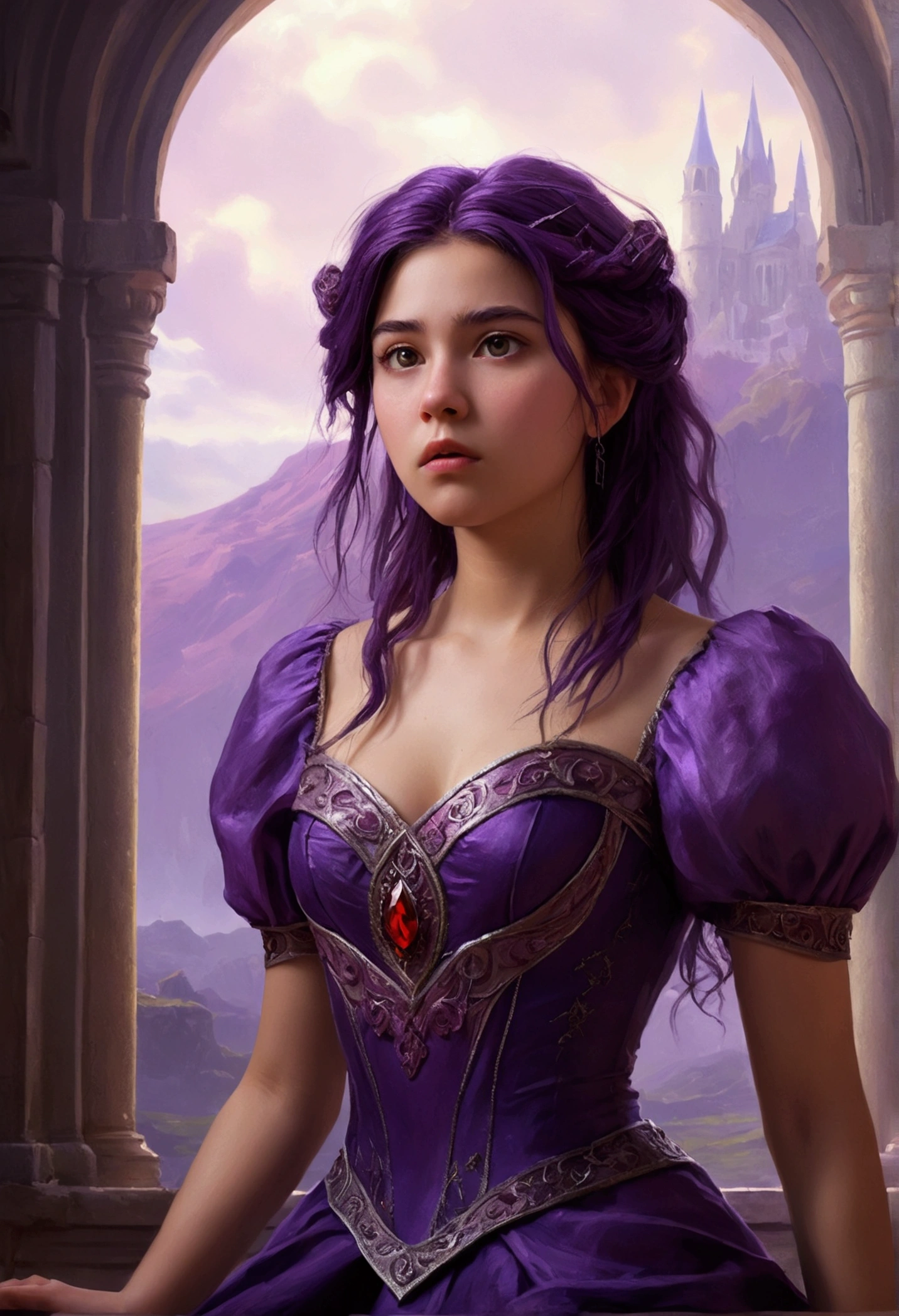 Zerg Queen Beautiful Girl: Lanlinger, 18 years old, with messy dark purple hair, depicted in an oil painting style. She has a beautiful perfect face, soft skin, with light violet and red hues added. Lanlinger is wearing a purple dress and has a worried look on her cute face. She is in a mysterious magical background, depicted in complex details and 8k resolution, creating a masterpiece. Lanlinger is standing, seen from an oblique (low-angle) view, as if the viewer is looking up at her. Her arms are extended towards the viewer, as if trying to catch them, with a concerned expression on her face.