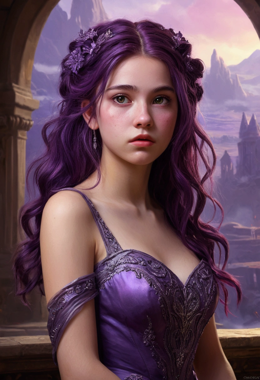 Zerg Queen Beautiful Girl: Lanlinger, 18 years old, with messy dark purple hair, depicted in an oil painting style. She has a beautiful perfect face, soft skin, with light violet and red hues added. Lanlinger is wearing a purple dress and has a worried look on her cute face. She is in a mysterious magical background, depicted in complex details and 8k resolution, creating a masterpiece. Lanlinger is standing, seen from an oblique (low-angle) view, as if the viewer is looking up at her. Her arms are extended towards the viewer, as if trying to catch them, with a concerned expression on her face.