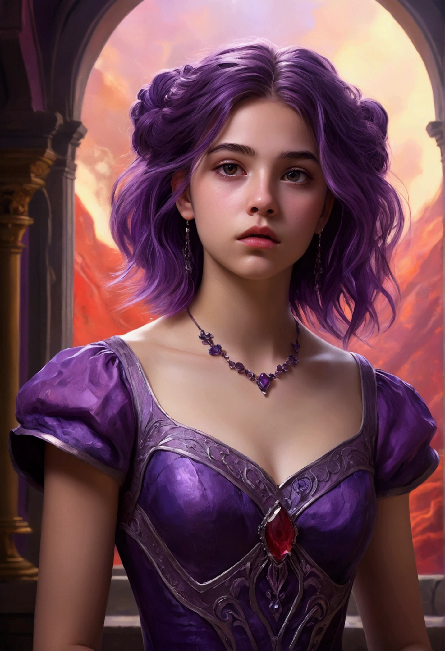 Zerg Queen Beautiful Girl: Lanlinger, 18 years old, with messy dark purple hair, depicted in an oil painting style. She has a beautiful perfect face, soft skin, with light violet and red hues added. Lanlinger is wearing a purple dress and has a worried look on her cute face. She is in a mysterious magical background, depicted in complex details and 8k resolution, creating a masterpiece. Lanlinger is standing, seen from an oblique (low-angle) view, as if the viewer is looking up at her. Her arms are extended towards the viewer, as if trying to catch them, with a concerned expression on her face.