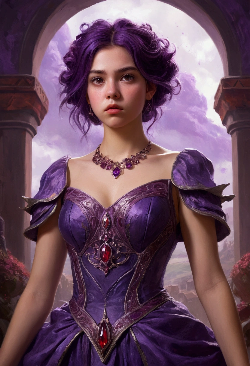 Zerg Queen Beautiful Girl: Lanlinger, 18 years old, with messy dark purple hair, depicted in an oil painting style. She has a beautiful perfect face, soft skin, with light violet and red hues added. Lanlinger is wearing a purple dress and has a worried look on her cute face. She is in a mysterious magical background, depicted in complex details and 8k resolution, creating a masterpiece. Lanlinger is standing, seen from an oblique (low-angle) view, as if the viewer is looking up at her. Her arms are extended towards the viewer, as if trying to catch them, with a concerned expression on her face.