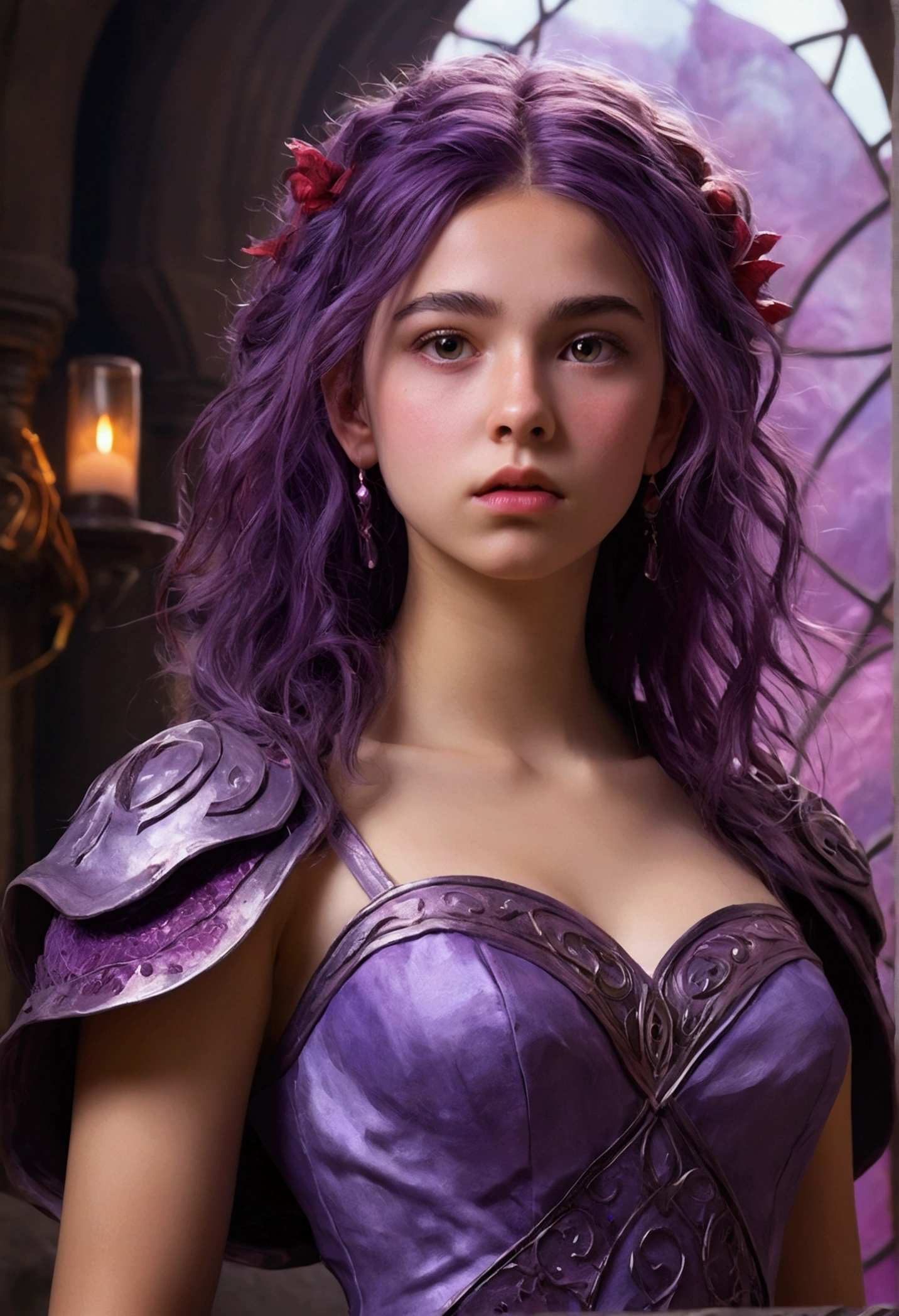Zerg Queen Beautiful Girl: Lanlinger, 18 years old, with messy dark purple hair, depicted in an oil painting style. She has a beautiful perfect face, soft skin, with light violet and red hues added. Lanlinger is wearing a purple dress and has a worried look on her cute face. She is in a mysterious magical background, depicted in complex details and 8k resolution, creating a masterpiece. Lanlinger is standing, seen from an oblique (low-angle) view, as if the viewer is looking up at her. Her arms are extended towards the viewer, as if trying to catch them, with a concerned expression on her face.