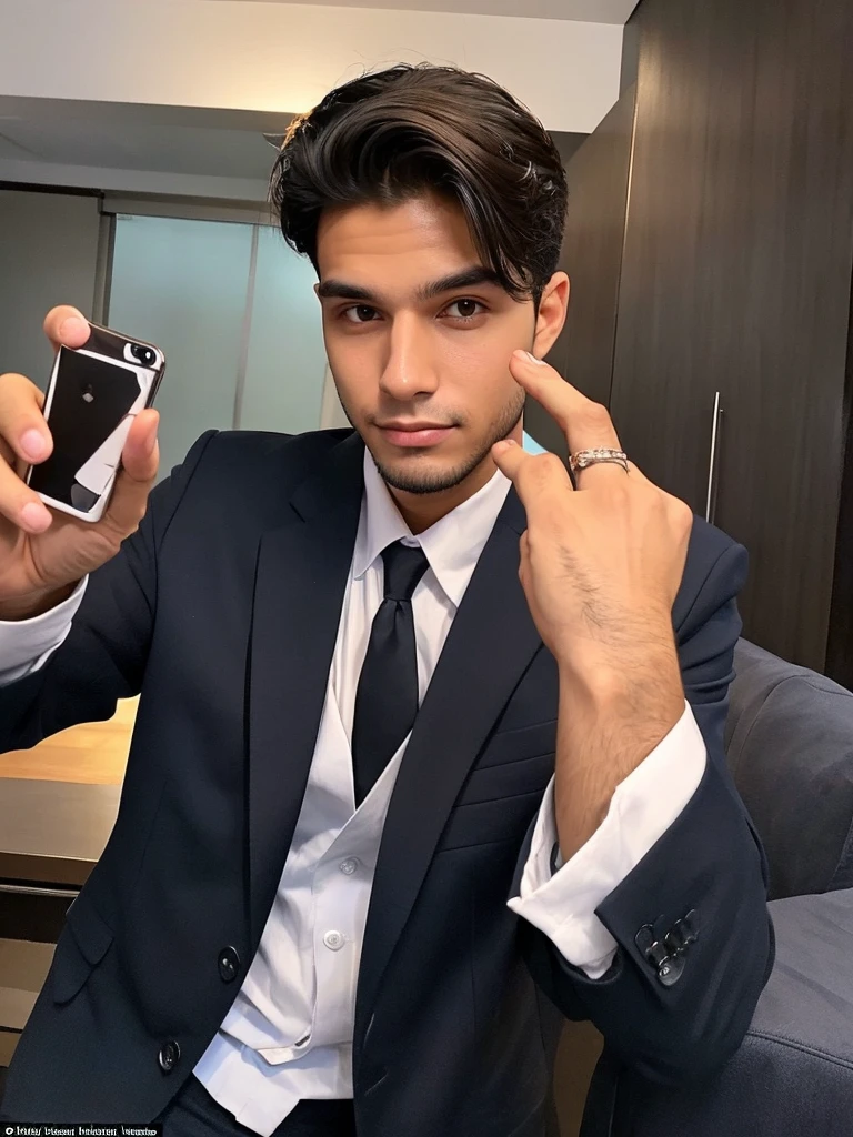 22-year-old Brazilian man in a suit with his hand in his pocket, short hair without beard with a ring on the finger of his left hand, no quarto selfie 🤳🏽 realista, and great quality  