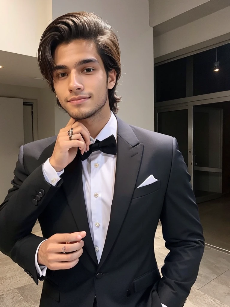 22-year-old Brazilian man in a suit with his hand in his pocket, short hair without beard with a ring on the finger of his left hand, no quarto selfie 🤳🏽 realista, and great quality  