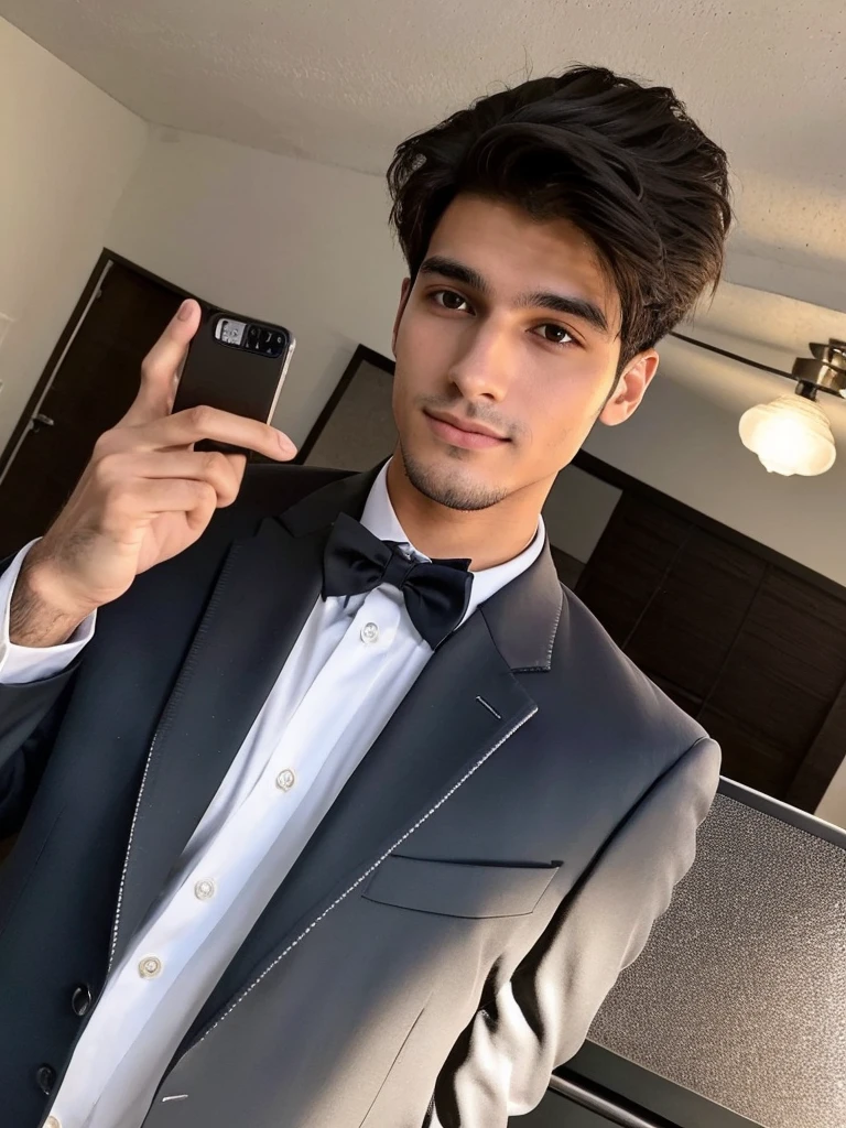 22-year-old Brazilian man in a suit with his hand in his pocket, short hair without beard with a ring on the finger of his left hand, no quarto selfie 🤳🏽 realista, and great quality
