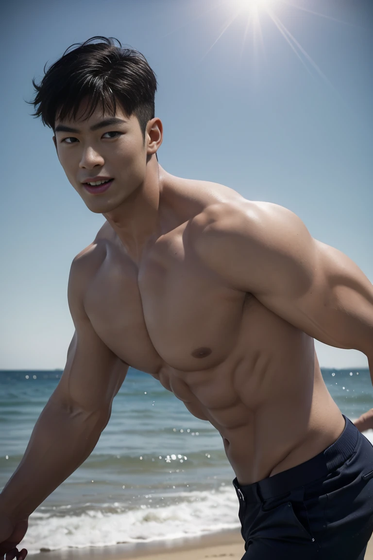 (Create a masterpiece: 1.2),(CGI art:1.3),(realistic:1.5),(After processing:1.3), (Sharp focus:1.3), 1 man, open mouth, smile, (Navy blue round neck shirt), shorts, Korean people , korean men, (high glossy details), chest muscles, large arm muscles, blood vessel, big muscles, Broad shoulders, looking at the audience, Balancing the eyes, By the sea, beach, sunlight, run towards the camera