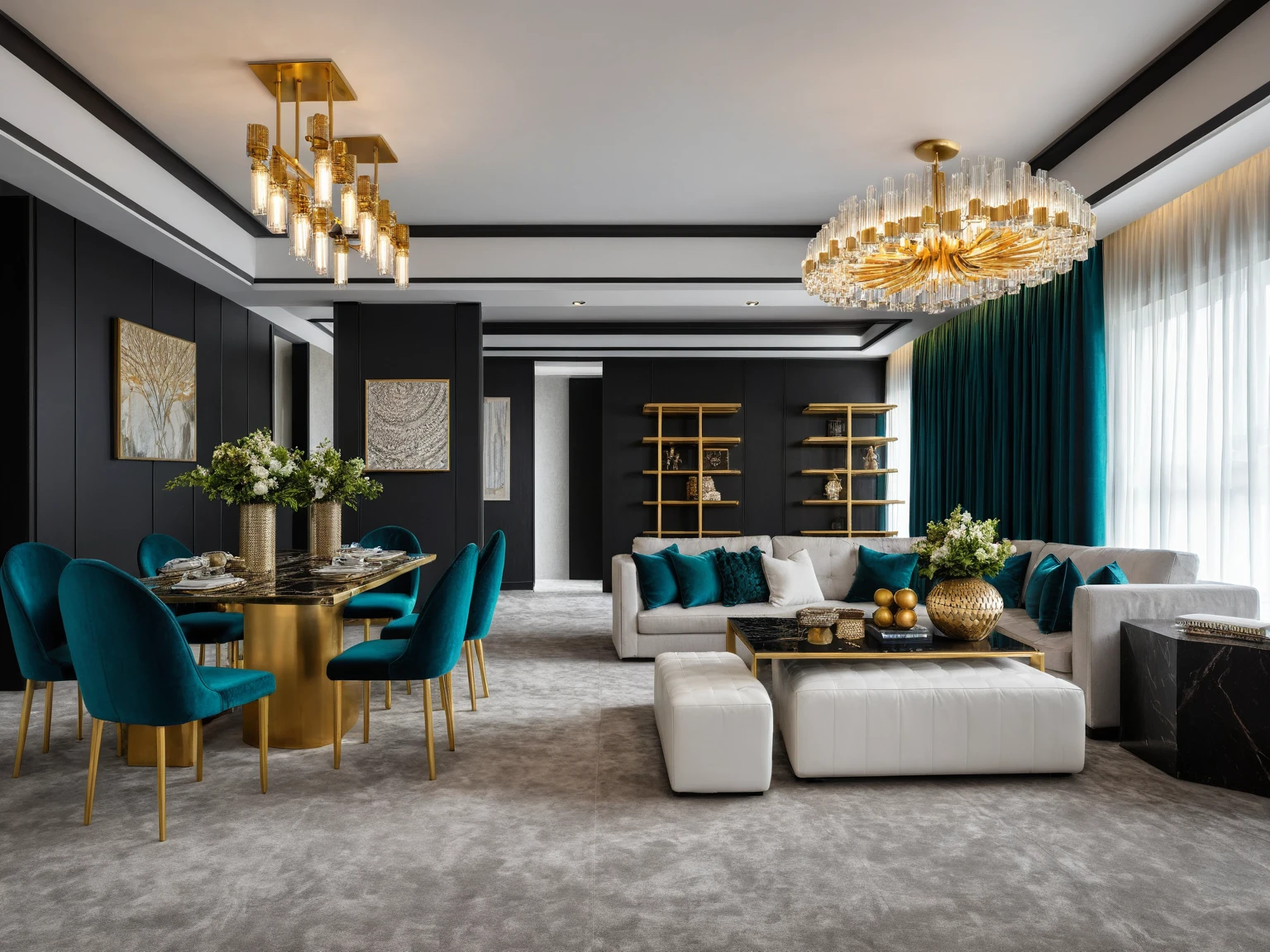 Raw photo, Masterpiece, high quality, best quality, authentic, super detail,
Glamorous,
Exudes luxury, sophistication, and a touch of drama, Think high-gloss finishes, metallic accents, and statement lighting with crystals or chandeliers,
This style thrives on a rich and luxurious palette, Think black, white, and gold as a base, accented with metallic tones like silver or copper, Jewel tones like emerald green, sapphire blue, or ruby can be used sparingly for added opulence,