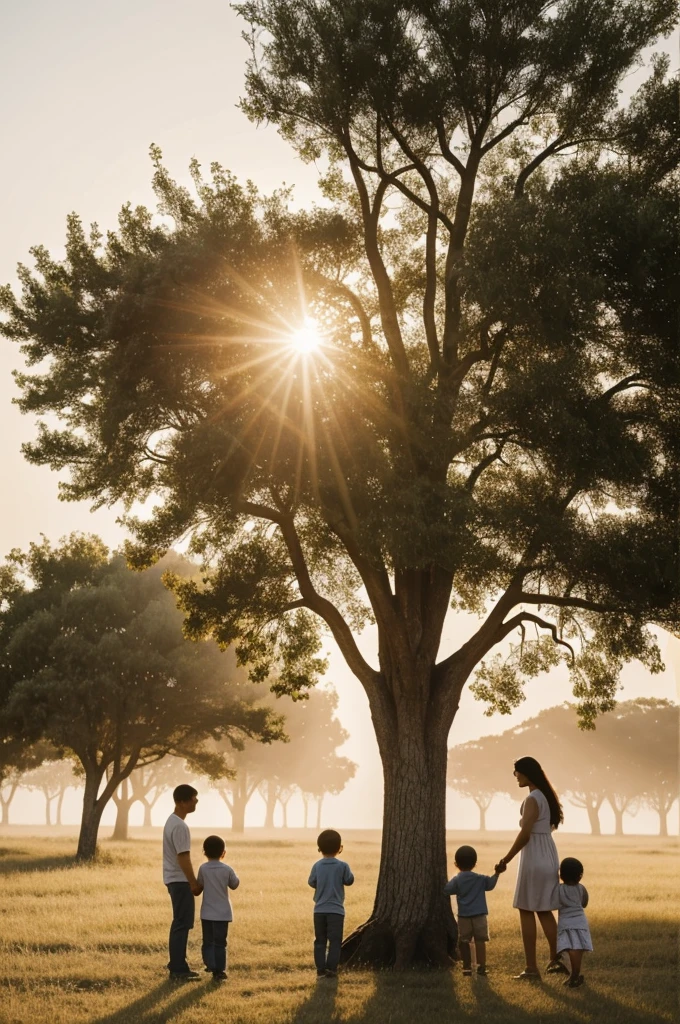 Family and culture, family tree in the haze of the sun&#39;s rays, masterpiece, Best quality , standing family mom, dad and three children. And the parents are standing 