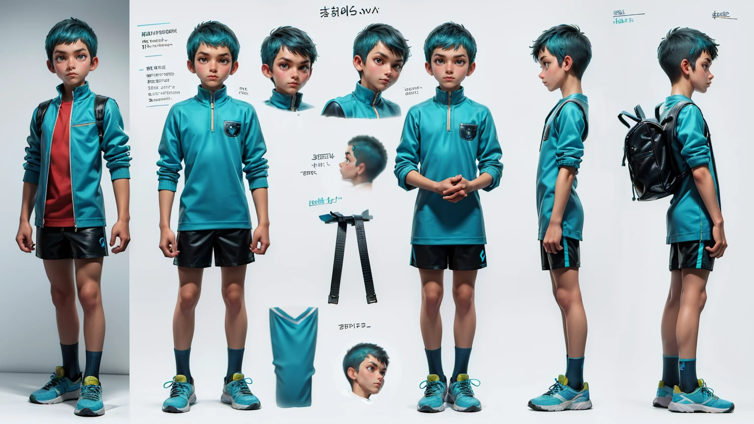 cute face boy, cute face, short height boy, wearing casual futuristic Turquoise color pent, Turquoise color dress, full standing pose, Crew Cut hairs, Crew Cut hairs style , sports shoes, Character Sheet, 12 yo student, Full body, Simple white background, front pose character reference sheet, Concept art, design sheet