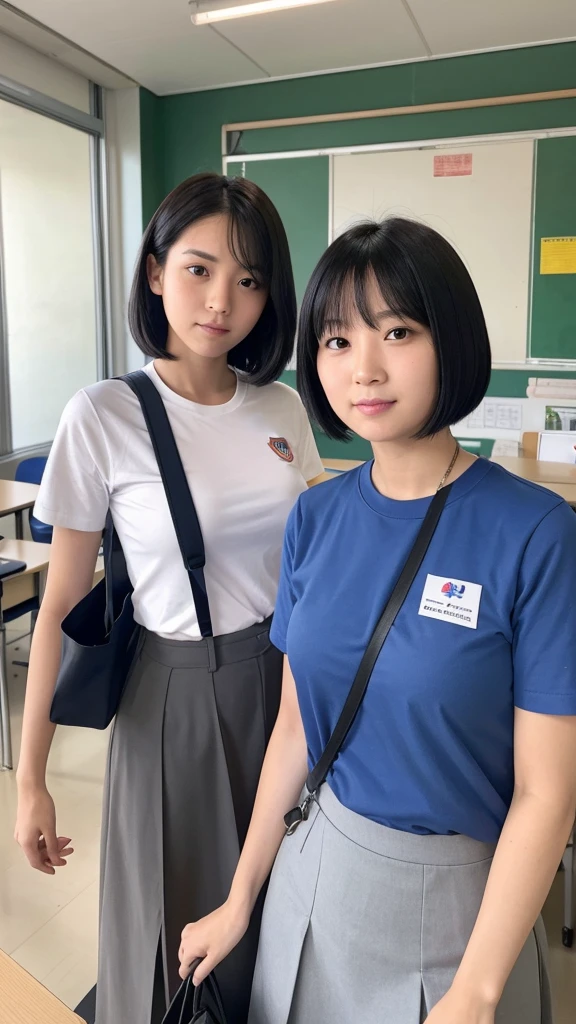 at noon, In the classroom, Two female supervisors entered the classroom., Carrying a top-secret file bag, Two female supervisors wearing white T-shirts and with short black hair, This female supervisor looked at the camera., The lens mainly captured the upper body., Rofe's artistic style ((Xinhai City), Popular with CGstation, Xinhaicheng H 2160, Inspired by Bian Shoumin, Xinhaicheng, Planned, Gwitz Style, High quality photos, 4K, 8k, solve,