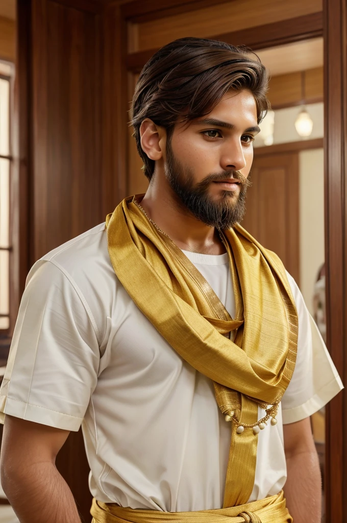 19 years old average brown colour guy hair like leonal messi and he wear golden colour kurtha and white dhothi clean beards
