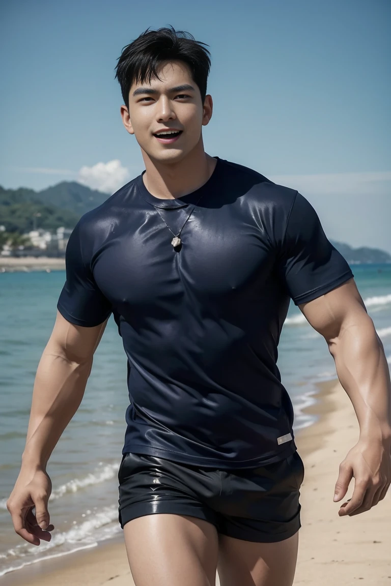 (Create a masterpiece: 1.2),(CGI art:1.3),(realistic:1.5),(After processing:1.3), (Sharp focus:1.3), 1 man, open mouth, smile, (Navy blue round neck shirt), shorts, Korean people , korean men, (high glossy details), chest muscles, large arm muscles, blood vessel, big muscles, Broad shoulders, looking at the audience, Balancing the eyes, By the sea, beach, sunlight, run towards the camera