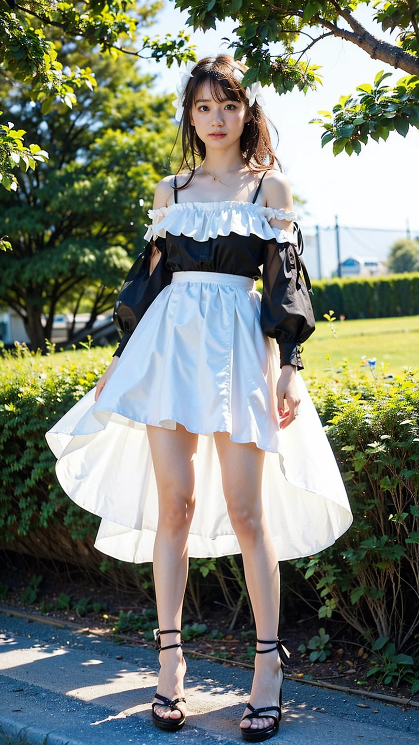((Viewing angle from below、Highest quality、masterpiece、32K、Every detail))、Descend the outdoor stairs、commute、Systemic symptoms、Traditional navy blue sailor uniform、White blouse、Pleated skirt、(((A strong wind blows my hair and skirt away:1.62)))、((I always wear the shoulder strap of my bag across my body...:1.22))、One Girl, alone、(((mini skirt, No underwear:1.22)))、Big Breasts、barefoot, High heels
